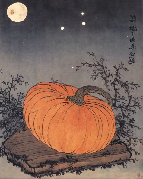 a painting of a pumpkin sitting on a wooden table under a full moon