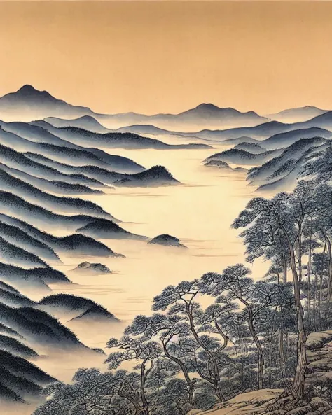 a painting of a mountain range with trees and mountains in the background