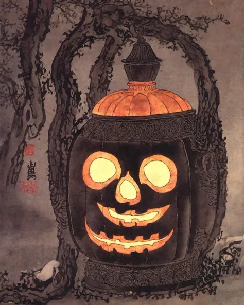 a close up of a painting of a pumpkin lantern with a bird on it