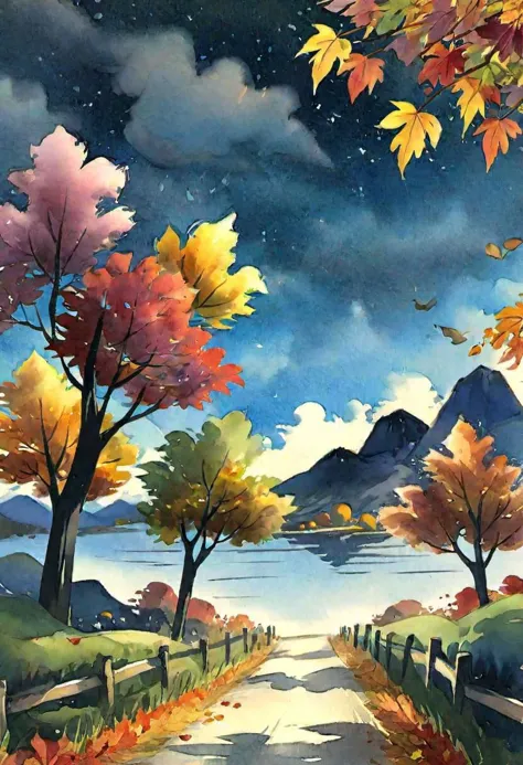 Sakimichan style, a nice fall night, autumnal, beautiful, gorgeous, cloudy day, leaves changing colors, mountains, great color fever flower, coast villge, mood vibe, bright from the light of the lamp, beautiful bright night sky scenery, watercolor, ink acrylic painting, bright multicolor scenery, style of makoto shinkai studio ghibli genshin impact james gilleard greg rutkowski chiho aoshima, ultra hd, realistic, vivid colors, highly detailed, UHD drawing, pen and ink, perfect composition, beautiful detailed intricate insanely detailed octane render trending on artstation, 8k artistic photography, photorealistic concept art, soft natural volumetric cinematic perfect light, ultra hd, realistic, vivid colors, highly detailed, UHD drawing, pen and ink, perfect composition, beautiful detailed intricate insanely detailed octane render trending on artstation, 8k artistic photography, photorealistic concept art, soft natural volumetric cinematic perfect light<lora:xl_more_art-full_v1:0.5>