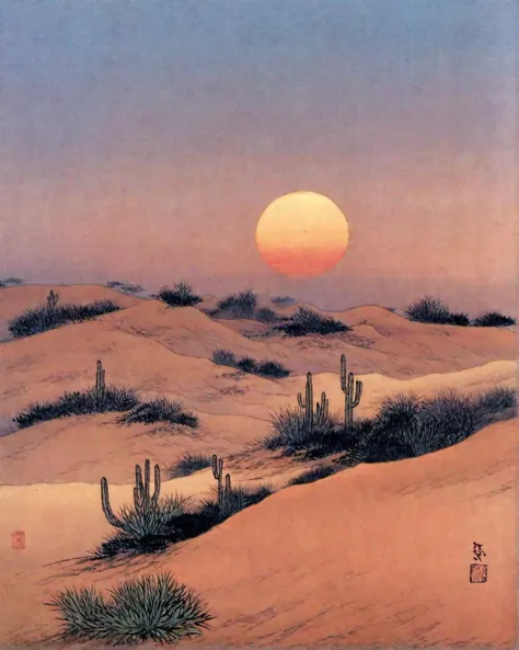 a painting of a desert scene with a sun setting in the background