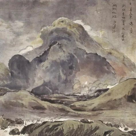 a painting of a mountain with a cloud in the sky