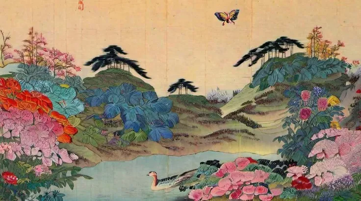 there is a painting of a bird flying over a pond