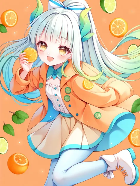 anime girl with long white hair and blue eyes holding a slice of orange