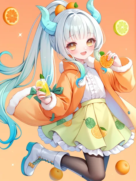 anime girl with long blue hair and oranges in her hand