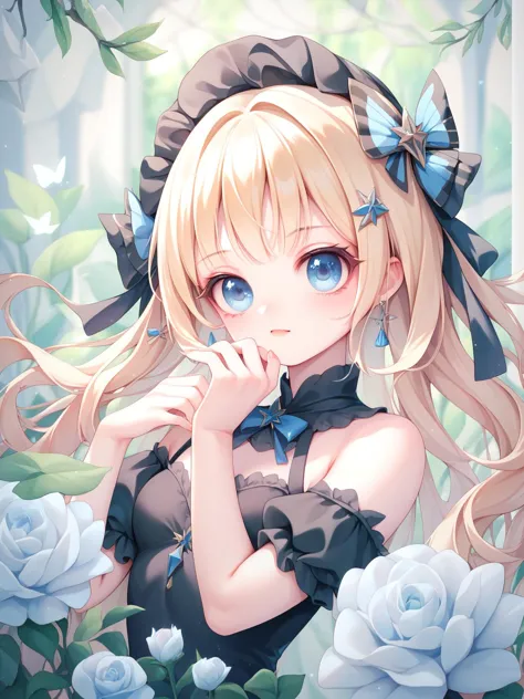 anime girl with long blonde hair and blue eyes in a garden