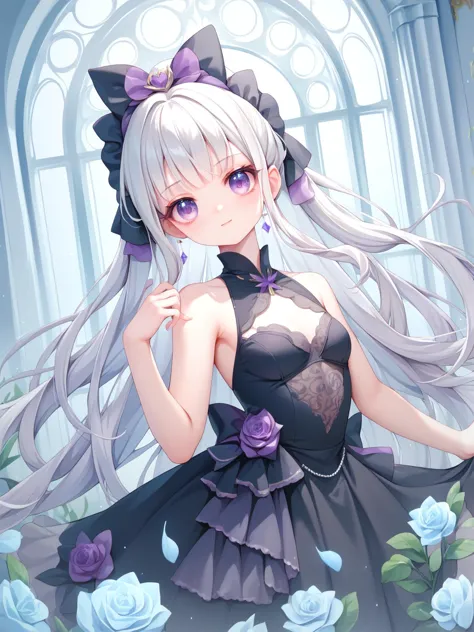 anime girl with long white hair and purple flowers in a black dress