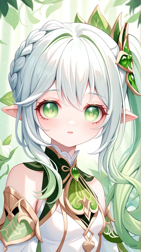 a close up of a anime girl with long white hair and green eyes