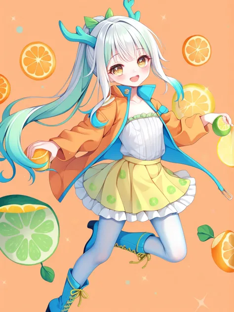 anime girl with long white hair and blue eyes running with orange slices