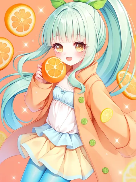 anime girl with blue hair and green hair holding a slice of orange