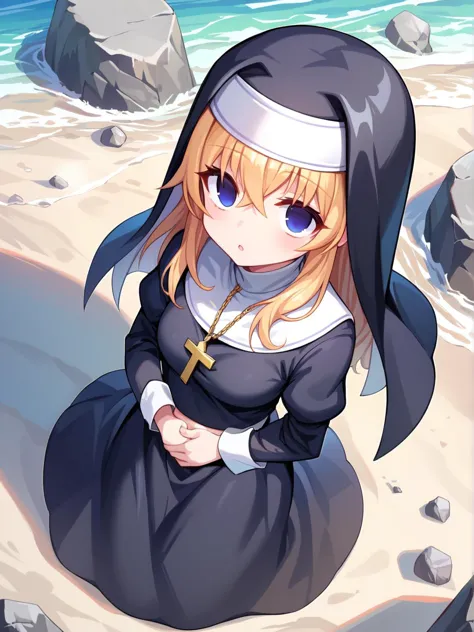 anime girl sitting on the beach with a cross on her knee