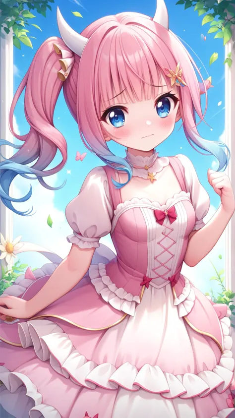 a girl in a pink dress with horns and a pink dress