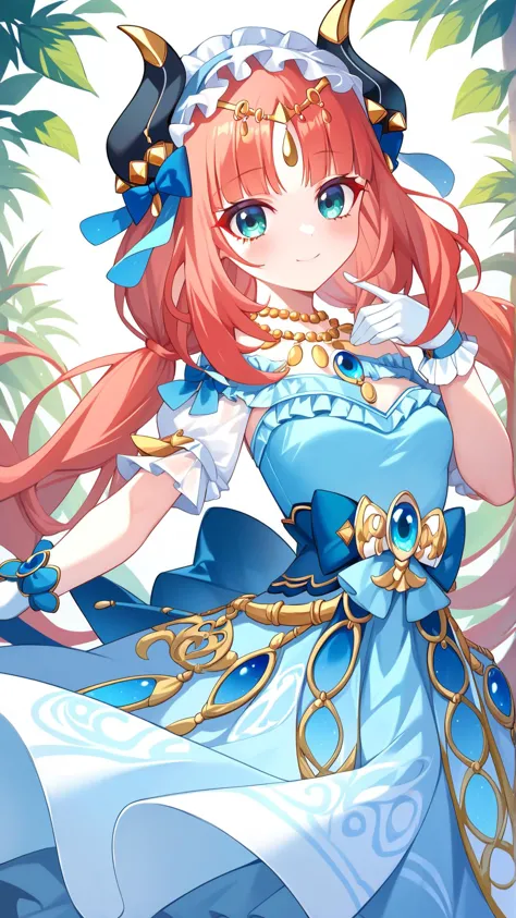 a close up of a anime character with a blue dress and horns