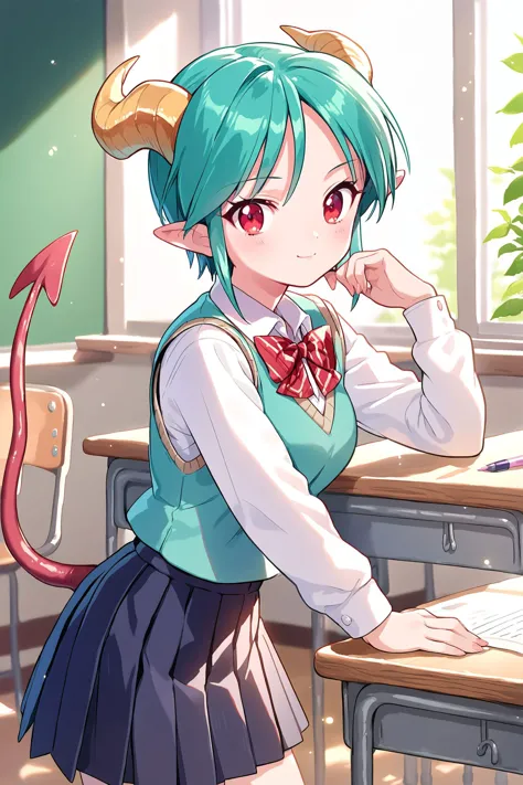 (source_anime:1.1), ytm, score_9, score_8_up, score_7_up, masterpiece, best quality, detailed, 1girl, carrera, teal hair, red eyes, demon tail, school uniform, classroom, skirt, sweater vest,
<lora:carrera_pdxl-Jigen:0.5>