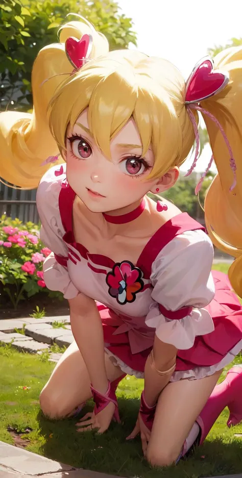 anime - style girl in a pink dress kneeling on the grass