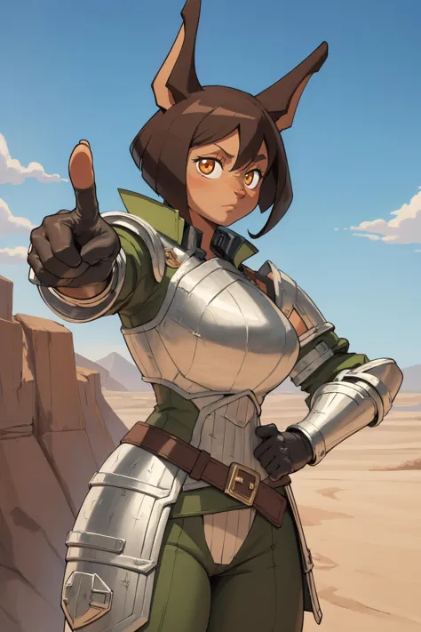 (masterpiece, best quality), outdoors, lush desert, cowboy shot, 1girl, solo, RoryCeehaz, RoryArmor, green, gloves, black gloves, shoulder armor, breastplate, expressionless, furry, muscular, <lora:RoryCeehaz_V1-Manityro-Dadapt:1.0>, looking at viewer, hand on hip, pointing