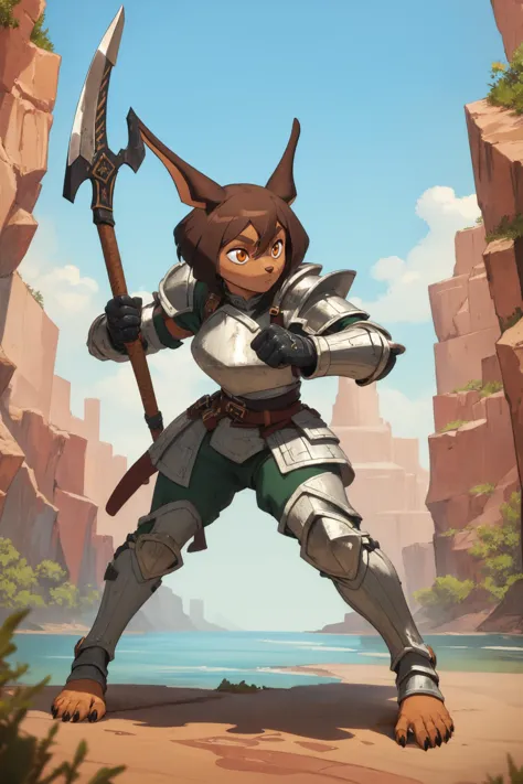 (masterpiece, best quality), outdoors, lush desert, water, full body, 1girl, solo, RoryCeehaz, RoryArmor, green, gloves, black gloves, shoulder armor, breastplate, expressionless, furry, muscular, <lora:RoryCeehaz_V1-Manityro-Dadapt:1.0>, fighting stance, <lyco:UnlimitedBladeWorks1.6:1.0>, holding axe, holding weapon