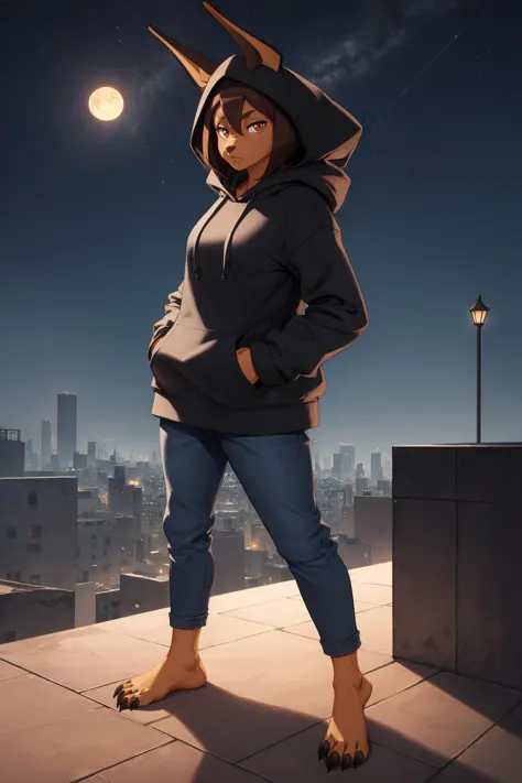 (masterpiece, best quality), outdoors, city, rooftop, starry sky, evening, moon, full body, 1girl, solo, RoryCeehaz, expressionless, (furry), snout, muscular, <lora:RoryCeehaz_V1-Manityro-Dadapt:1.0>, looking at viewer, black hoodie, hood up, jeans, hands in pockets,