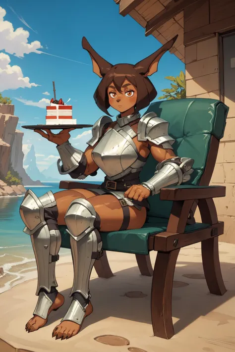 (masterpiece, best quality), outdoors, lush desert, water, full body, 1girl, solo, RoryCeehaz, RoryArmor, green, shoulder armor, breastplate, expressionless, furry, muscular, <lora:RoryCeehaz_V1-Manityro-Dadapt:1.0>, lounging, chair, holing cake slice,