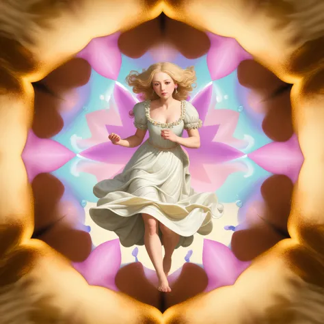 Flemish Baroque, jealous, Easter, pastel theme, kaleidoscope style <lora:kaleidoscope:0.4>
highres,  dramatic,
,Woman in a flowing dress walking barefoot on a sandy beach, leaving footprints in the soft sand, casting a massive fireball or summoning a prote...