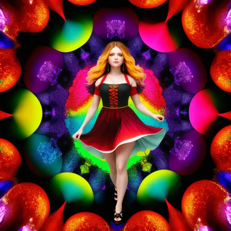 Baroque painting, rainbow, Santa Costume, candy theme, kaleidoscope style <lora:kaleidoscope:0.45>
highres,  dramatic,
,A woman in a billowy dress, walking hand in hand with her loved one on the shores of a crystal-clear lake, surrounded by the towering tr...