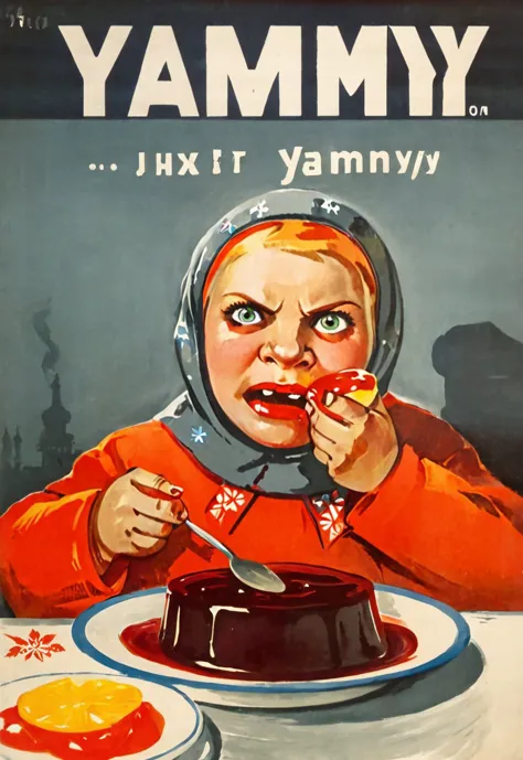 <lora:Soviet-poster:0.70> soviet poster Sad russian angry girl eating jam (text "yammy":1.5) painting <lora:LojkinXL:0.70> oil p...