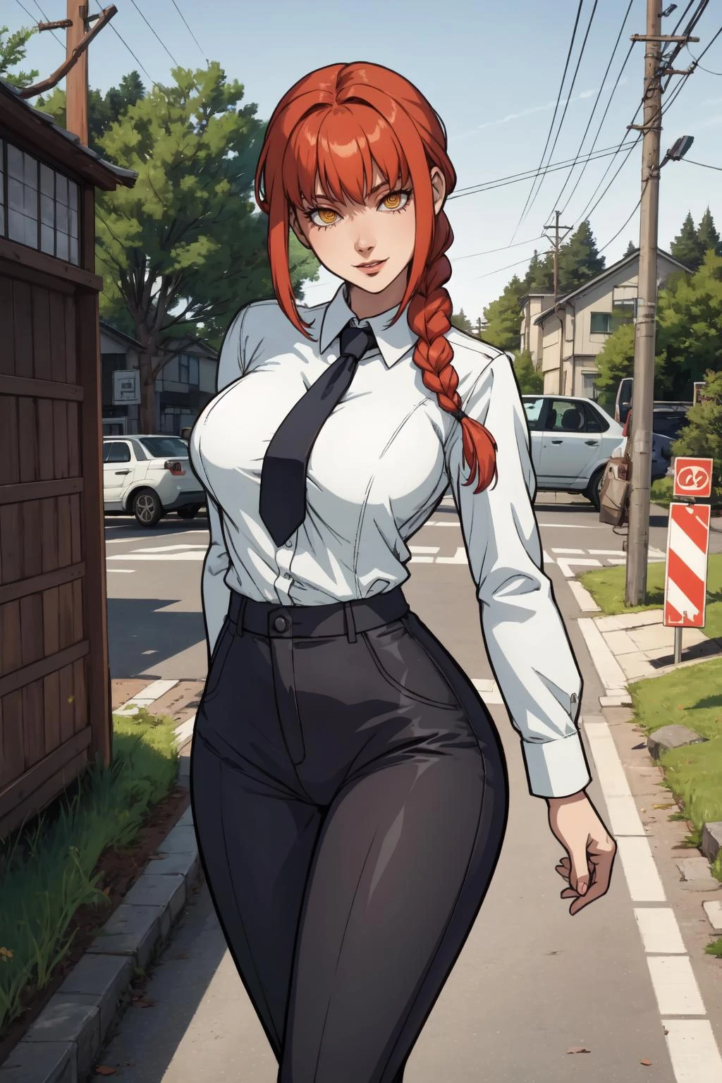 1girl, (solo:1.2), curvy, (masterpiece:1.2), (best quality:1.2), (perfect anatomy:1.4), (interacting with the viewer while facing him in a dynamic pose in motion), (large breasts:1.4), (cowboy shot:1.4), sulcate, cell shading, simple shading, clean lineart, (rural street:1.2), trees, japanese countryside, Utility pole,, makima, long hair, smile, bangs, (yellow eyes:1.2), braid, red hair, braided ponytail, ringed eyes, shirt, long sleeves, white shirt, necktie, collared shirt, pants, black pants, formal, suit, black necktie, shirt tucked in, office lady