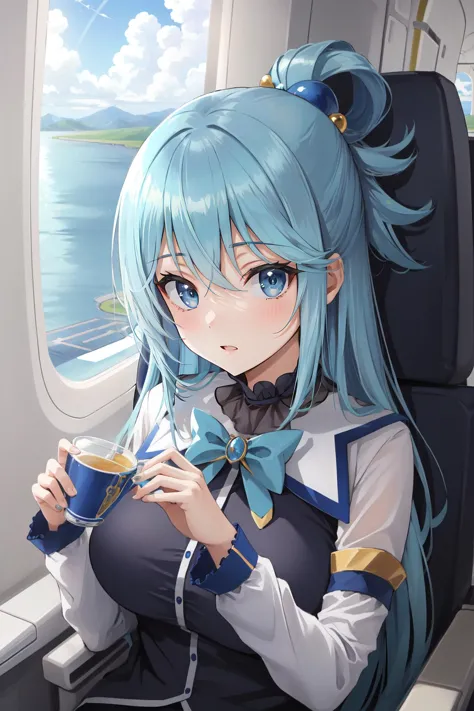 a woman with blue hair sitting on a plane holding a cup