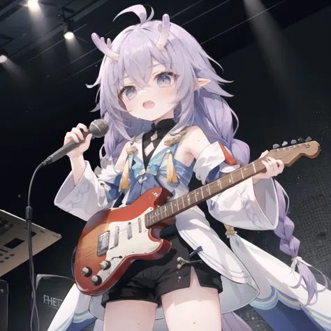 anime - style image of a woman with a guitar and microphone