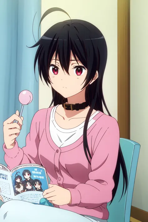 anime girl sitting at a table with a magazine and a pink lollipop