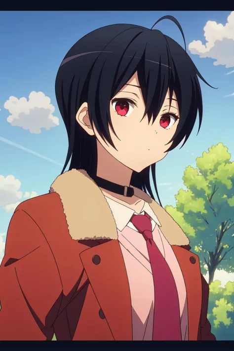 anime girl with black hair and red eyes in a red coat