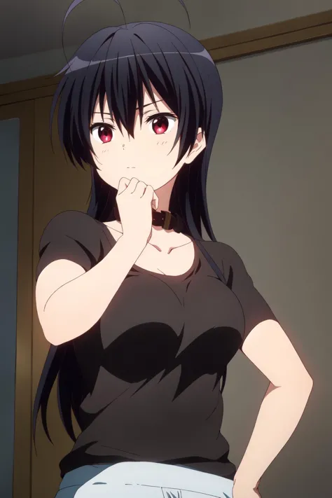 ((best quality)),((highly detailed)),masterpiece,absurdres,detailed face,beautiful face,(detailed eyes, deep eyes),(1girl),((dynamic pose)),  <lora:Touka-15:0.7>Touka, 1girl, solo, black hair, red eyes, ahoge, shirt, collarbone, long hair, black shirt, simple background, collar, black background, anime coloring, closed mouth, short sleeves, hair between eyes, bangs, upper body, breasts, expressionless, pants, t-shirt, cleavage, choker, dark