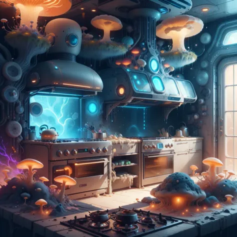 <lora:MyceliumTech-21:0.8>, myceliumtech , scifi, Psychedelic ,Mycelia,spongy,
futuristic kitchen