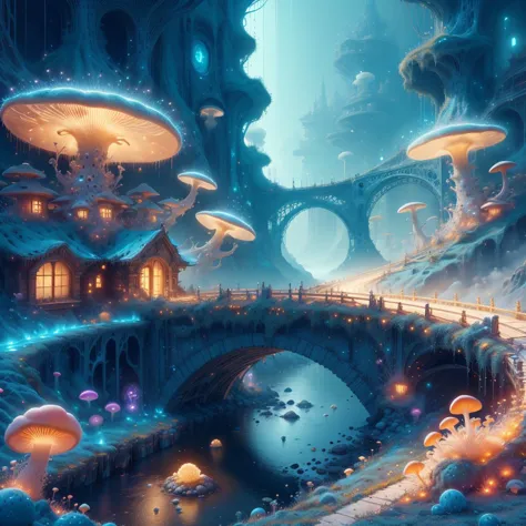 a painting of a fantasy village with a bridge and mushrooms