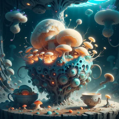 a painting of a mushroom tree with a cup of coffee