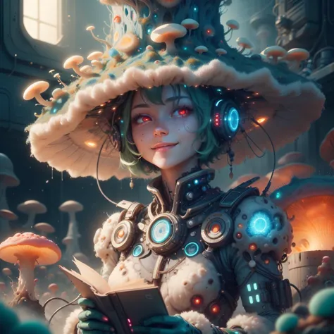 a woman in a hat with headphones and a book