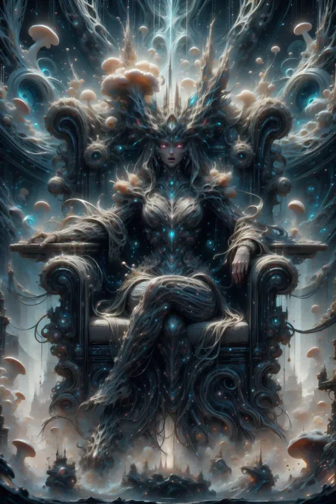 a digital painting of a woman sitting on a throne surrounded by mushrooms