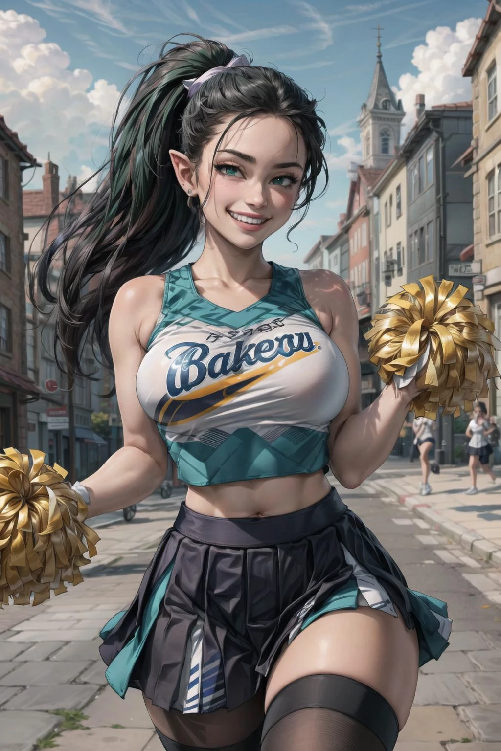 looking at viewer, happy, CheerleaderCL, pom_pom_(cheerleading), holding pom poms, cheerleader uniform, skirt, croptop, best quality, masterpiece, highres, 1girl, solo, beautiful girl, pointy ears, (malicious grin):2, (dark green skin):2, big high ponytail, black hair:2, green pupils, large breasts, medieval town, outdoors, colorful banners, cobblestone streets, bustling, lively