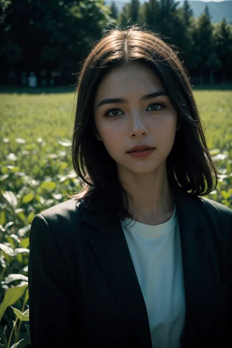 (dramatic lighting:1.2), 1girl, (green field:1.2), hdr, looks at the viewer, (film overlay, film grain:1.3), (high contrast, dim light), mouth closed, smirk