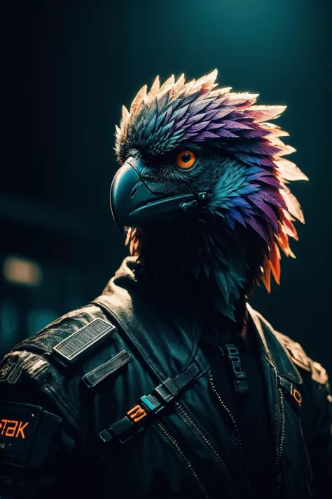 a close up of a bird with a colorful head and a leather jacket