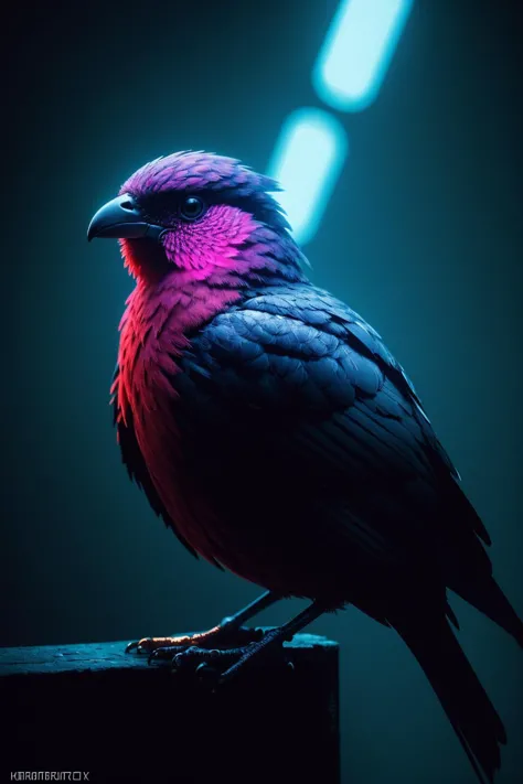 a close up of a bird with a bright purple and blue background