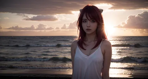 (dramatic lighting:1.2), 1girl, solo, looking at viewer, <lora:LucyV1:0.9>, long hair, horns, red eyes, pink hair, closed mouth, arms behind back, standing, upper-body,  ocean, sunset, backlighting,