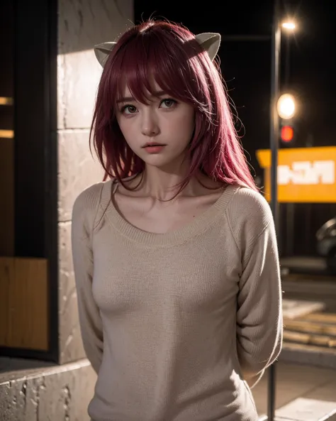 (dramatic lighting:1.2), 1girl, solo, looking at viewer, <lora:LucyV1:0.9>, long hair, horns, red eyes, pink hair, sweater, closed mouth, arms behind back, standing, upper-body, city