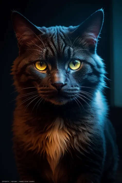 Cyberpunk cat, Portrait Intricate Details,Perfect Composition,High Contrast,Atmospheric,Moody,Raw photo,realistic,cinematic lighting,soft shadows,sharp focus,fractal,colorful,depth of field,best quality,16k resolution,