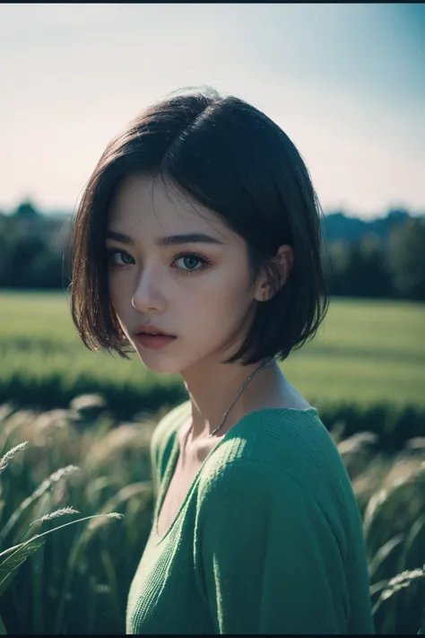 a close up of a woman in a green shirt standing in a field