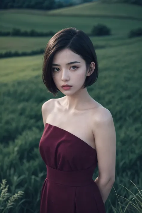 a woman in a red dress standing in a field of grass