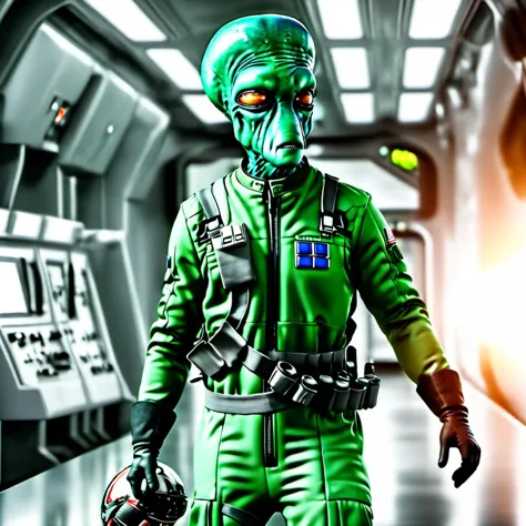 professional 3d model a male duros alien in a green flight suit <lora:duros_alpha2-000006:1> . octane render, highly detailed, v...