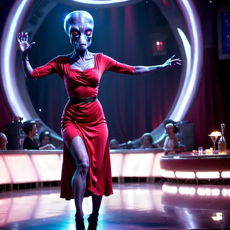 a female duros alien, dancing in a slinky red dress, on a stage, in a seedy Mos Eisley cantina, dim light <lora:duros_alpha2-000006:0.9>, Star Wars