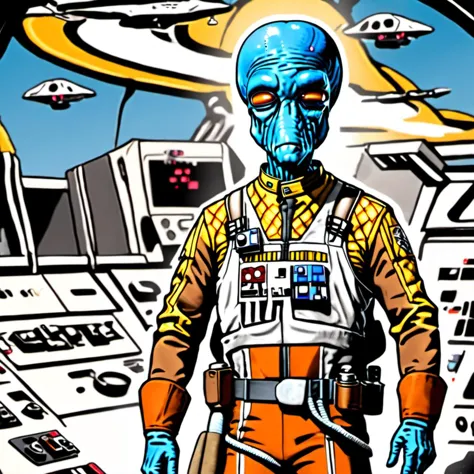 comic a male duros alien dressed like an X-wing pilot <lora:duros_alpha2-000006:1> , graphic illustration, comic art, graphic novel art, vibrant, highly detailed