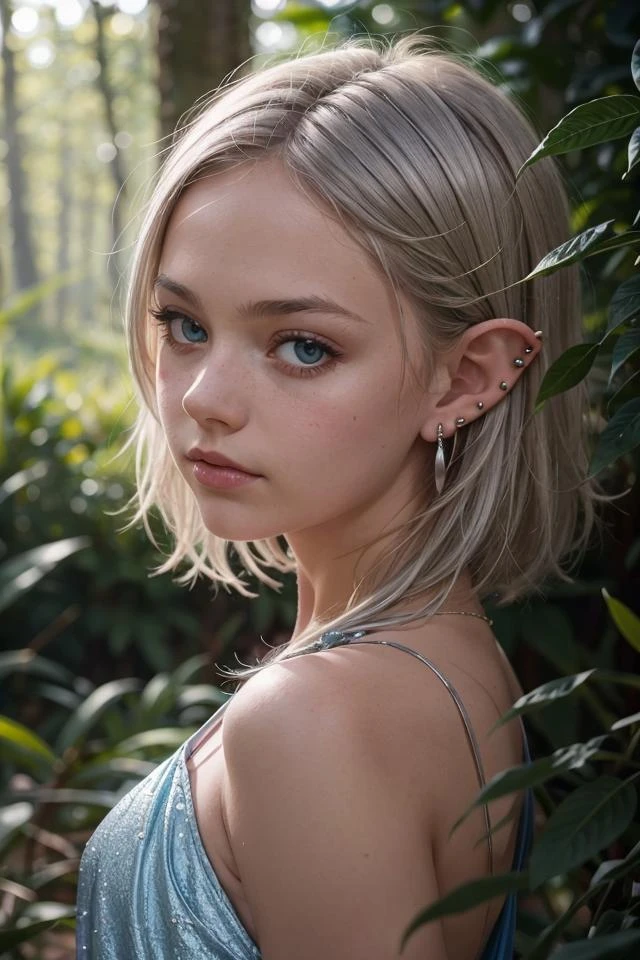 portrait of swedish girl,cute and beautiful face,elf,pointy ears,ear piercing,20yo,silver hair, blue dress,fantasy,forest, looking at viewer, diffused soft lighting, shallow depth of field, sharp focus, cinematic lighting
